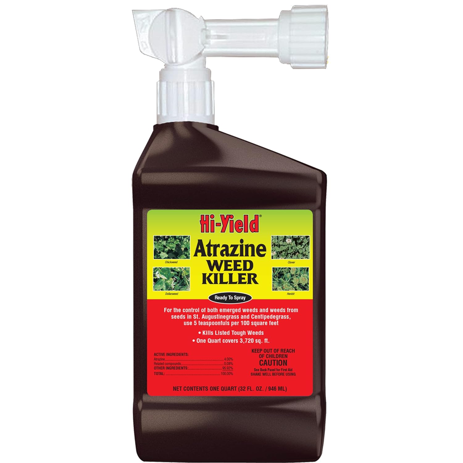 Hi-Yield Atrazine Weed Killer Ready To Spray, 32 fl oz brown hose-end bottle with a clear applicator head
